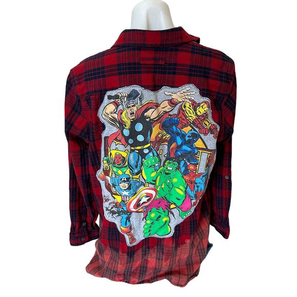 Avengers Plaid Flannel Shirt LARGE Oversize Upcycled Unique DC Comics Grunge - Picture 1 of 6